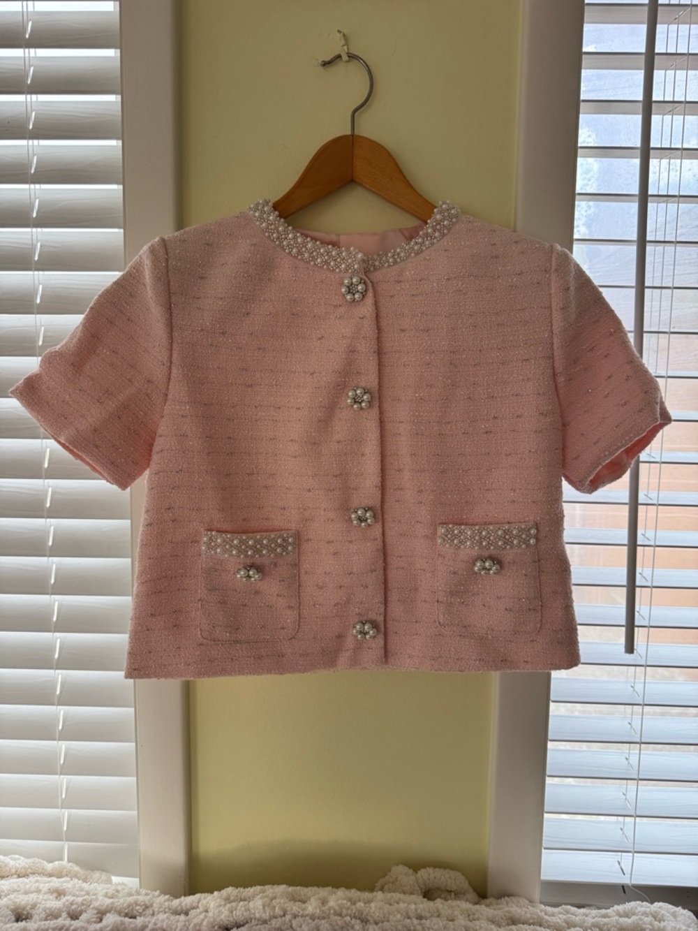 SHEIN Pink Pearl-Trim Tweed Short Sleeve Jacket